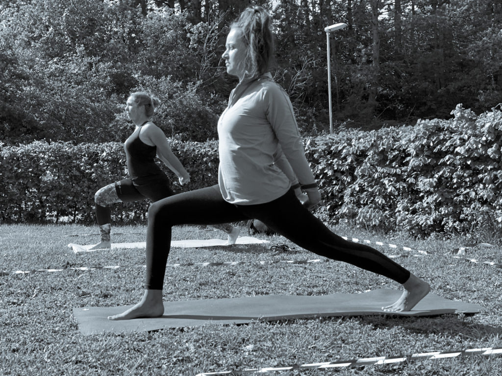 power yoga gegeven door een personal trainer die een voorbeeld geeft aan een andere vrouw